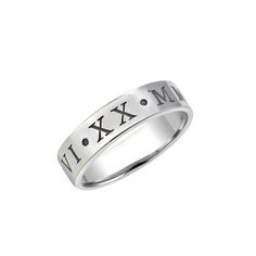 Commemorate your special day with this roman numeral ring. Our pieces give you even more reasons to say "I do"! Here comes the bride and the spouse wearing Alison and Ivy! Personalize Roman Numeral Couples Ring (4.8mm) with a special date. Classic Initial Ring With Round Band For Wedding, Classic Wedding Initial Ring With Round Band, Classic Promise Initial Ring With Round Band, Elegant Engraved Promise Ring With Hallmarks, Elegant Promise Engraved Ring With Hallmarks, Timeless Silver Initial Ring For Wedding, Timeless Engraved Ring With Initials For Wedding, Classic White Gold Initial Ring For Wedding, Anniversary Engraved Ring With Classic Design In White Gold