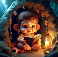 there is a little monkey that is sitting in the cave reading a book and holding a lit candle