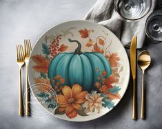 a plate with a blue pumpkin painted on it next to silverware and gold utensils