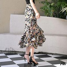 Zlily - Floral Oil Painting Mermaid Skirt: High-Waisted, Asymmetric, Bodycon, Chiffon, with a Side Split Elegant Midi Skirt, Faux Leather Midi Skirt, Faux Leather Pencil Skirt, Chiffon Maxi Skirt, Plaid Pleated Skirt, Fishtail Skirt, Painting Floral, Floral Oil, Leather Midi Skirt