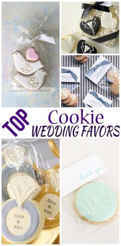 wedding favors and cookies are shown in this collage