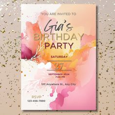 a birthday party flyer with watercolor paint splatters