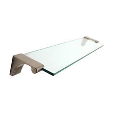 a glass shelf with a metal handle on it