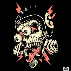 a black t - shirt with a skull wearing a helmet and holding a knife in his hand