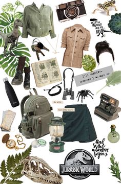 a collage of various items that include shoes, backpacks, and other things