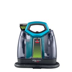 a blue and black vacuum cleaner on a white background with the words ultragreen above it