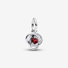 This intricate True Red Eternity Circle Dangle Charm is a must-have for your Pandora Moments collection. Crafted in lustrous sterling silver, it features an openwork infinity braid decorated with a central true red manmade crystal, elegantly set with three clear cubic zirconia. The intricate design symbolizes eternity and adds an additional layer of meaning to the piece. Elevate your bracelet with this timeless piece or gift it as a representation of an everlasting bond. - Pandora July True Red Elegant Red Sterling Silver Jewelry, Red Polished Jewelry For Valentine's Day, Red Sterling Silver Jewelry With Polished Finish, Red Sterling Silver Fine Jewelry, Red Sterling Silver Jewelry With Birthstone, Sterling Silver Jewelry With Red Birthstone, Red Sterling Silver Charms Jewelry, Silver Garnet Jewelry With Polished Finish, Red Sterling Silver Jewelry With Charms