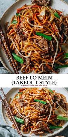 beef lo mein takeout style on a plate with chopsticks