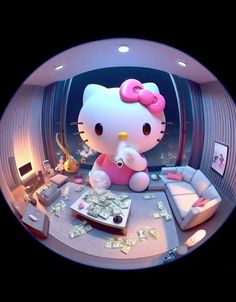 a hello kitty doll sitting on top of a couch next to a pile of money