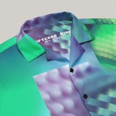 Check out this bold button-down shirt with a trendy oversized fit, that works well for outfit layering! 🌀 Abstract Gradient Teal "Softcore Vibes" Button-Down Shirt 🎶 Immerse yourself in the digital serenity of our "Softcore Vibes" turquoise Hawaiian Shirt, perfect for DJs, techno enthusiasts, and anyone who appreciates the blend of art and technology. This shirt, with its soothing teal and magenta gradients, is designed to keep you cool and stylish through the summer heat. Product Highlights: Green Spread Collar Blouse For Summer, Modern Button-up Summer Blouse, Trendy Shirt With Lapel Collar For Summer, Trendy Green Collared Shirt, Green Shirt With Lapel Collar And Relaxed Fit, Trendy Green Shirt With Buttons, Green Shirt With Button Closure And Camp Collar, Green Relaxed Fit Shirt With Lapel Collar, Modern Blue Button-up Shirt