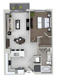 the floor plan for a two bedroom apartment with an attached kitchen and living room area