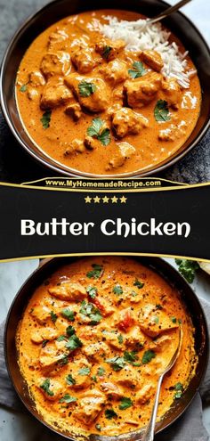 butter chicken in a skillet with rice and cilantro