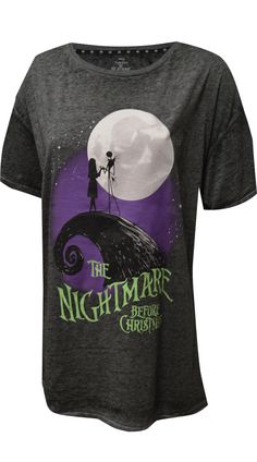 Perfect for relaxing on the couch and watching the Nightmare Before Christmas movie! These awesome tees for ladies feature the oh so popular scene from the movie, featuring Jack Skellington and Sally in the moonlight. The top is an amazingly soft knit fabric. The image on this item is intentionally distressed. Missy cut. The Nightmare Before Christmas Movie, Nightmare Before Christmas Movie, Jack Skellington And Sally, Pig Girl, Betty Boop Classic, Sesame Street Muppets, Cartoon Costumes, Plus Size Robes, Christmas Jack Skellington