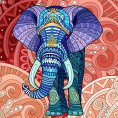 an elephant with intricate designs on it's face and trunk, standing in front of a red background