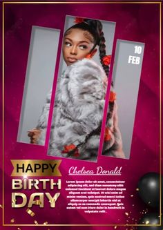 a birthday party flyer with an image of a woman in fur coat