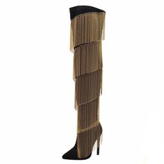 Black Faux Suede High Heel Boots With Gold Charm. Chic Gold High Heel Knee-high Boots, Chic Gold Knee-high Boots For Evening, Chic Gold Knee-high Heeled Boots, Gold Knee-high Evening Boots, Chic Fringe Boots For Party, Chic Fringe Boots For Winter, Party Boots With Fringe And Pointed Toe, Chic Gold Knee-high Boots For Fall, Pointed Toe Party Boots With Fringe