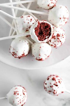 red velvet cake pops recipe on a white plate with text overlay that reads, 3 - ingredient red velvet cake pops