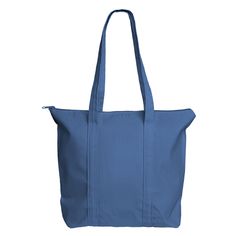 a red tote bag on a white background with the bottom zipper open and handles down