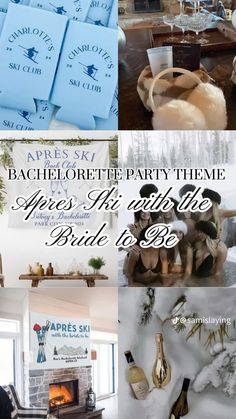 a collage of photos with the words bachelor party themes and pictures in white letters