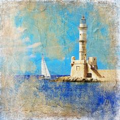 a painting of a lighthouse and sailboat on the water with blue sky in background