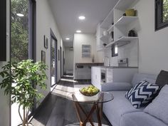 a living room filled with furniture next to a window covered in plants and fruit on top of a glass table