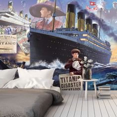 a bed room with a large mural on the wall and a big ship in the background