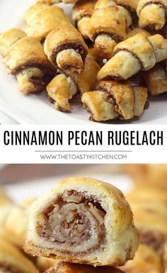 cinnamon pecan rugelah on a white plate with text overlay that reads, cinnamon pecan rugelah