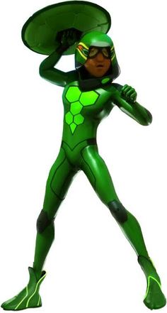 a person in a green suit and helmet holding a frisbee on their head