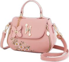 Trendy Pink Embroidered Bag, Trendy Embroidered Shoulder Bag, Trendy Embroidered Shoulder Bag For Daily Use, Ladies' Floral Embroidery Top Handle Bag, Trendy Embroidered Rectangular Shoulder Bag, Trendy Embroidered Shoulder Bag As Gift, Pink Embroidered Handheld Bag, Trendy Embroidered Pouch Shoulder Bag, Embroidered Top Handle Shoulder Bag