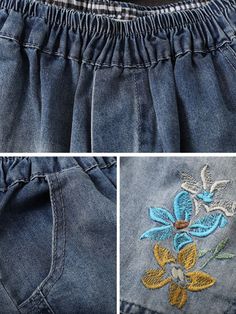 Material: 100% Cotton Style: Retro, Casual Waist: Elastic Waist Pattern: Flower Length: Full Length Details: Pockets Season: Spring, Summer Embroidery Denim, 60 Degrees, Summer Vintage, Pattern Flower, Flower Embroidery, Vintage Summer, Embroidery Flowers, Style Retro, Cotton Style