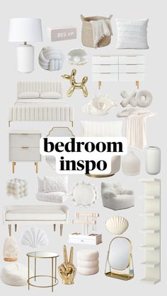 the bedroom is filled with white furniture and accessories