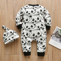 Lovely baby one-piece panda print sleeper for newborn, infant, and toddler boys & girls. Long sleeve jumpsuit with snaps from chest to ankle for easier fitting and diaper changing. Banded cuffs to keep sleeves from riding up. Pajamas comes with matching pattern beanie hat to complete the look. Soft cotton material ideal for young skin. Clothing is machine wash safe. More sizes are available for this baby clothing set. Check out our category of "Sleepwear" for more baby panda print sleeper. Panda Onesie, Cartoon Panda, Panda Print, Baby Boy Romper, Baby Panda, Boys Romper, Hat Set, Baby Set, Baby Warmer