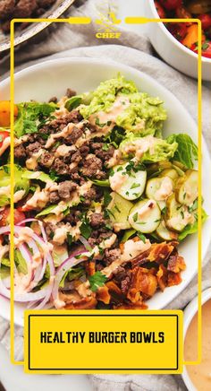 a healthy burger bowl with lettuce, meat and onions in it on a white plate