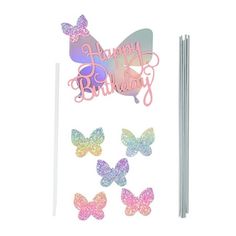 a birthday card with glitter butterflies on it and the words happy birthday written in pink