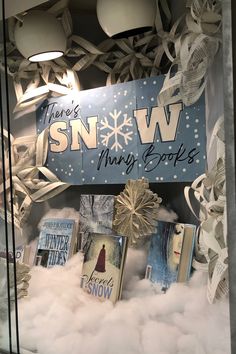 a display case with snow themed books in it