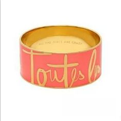 From The Garance Dor Collaboration With Kate Spade. This French Idiom Bracelet Is Sure To Catch Everyone's Interest! Style: Bangle "Toutes Les Filles Sont Folles" On Outside Of Bangle Inside Inscribed "All The Girls Are Crazy" And Kate Spade New York Coral Pink With Gold Plated Brass Slide On Style Diameter Of Inside Of Bracelet: 2.75" New With Tag, "Kate Spade" Jewelry Cloth/Pouch And Product Care Card Troll Beads, Kate Spade Bracelet, Garance Dore, Crystal Bangle, Coral And Gold, Spade Jewelry, Kate Spade Jewelry, Enamel Jewelry, Unique Styles