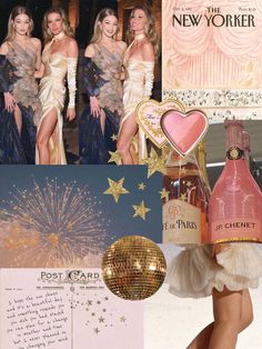 collage of photos with champagne bottles, new york city skyline, and two women in evening gowns