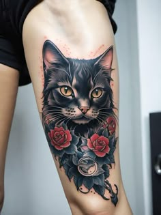 a woman with a cat tattoo on her arm and leg, showing it's face