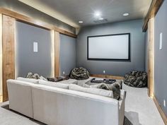 a living room with two couches and a projector screen in the middle of it