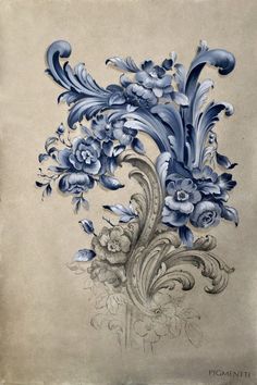 an old drawing of blue flowers and leaves