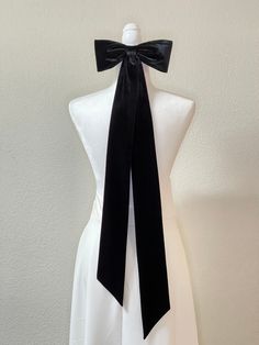 "Material. Velvet fabric, steel barrette Description Size of bow: (Length x height ) 9\"x3.5\" Tails size : 27\" and 31\" long, 3.5\"width Size of barrette: 3\" All custom orders welcome, please contact me! all my shop items are handmade by me in the USA Current processing time is 1-3 business days before shipping. Please contact me with any requests for specific delivery times. SHIPPING: All US orders are shipped USPS First Class Flat mailer with tracking information. Thank you for taking your Elegant Adjustable Bow Hair Accessories, Formal Adjustable Bow Headband, Formal Adjustable Headband With Bow, Adjustable Formal Bow, Elegant Party Hair Accessory With Detachable Bow, Formal Bow Headband, Formal Adjustable Ribbon Hair Accessories, Adjustable Decorative Bow For Black-tie Events, Elegant Adjustable Hair Accessories With Decorative Bow