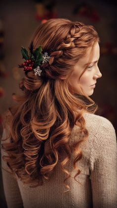 Long hair deserves special attention! Try elegant Christmas hairstyles designed for long, beautiful hair this season. Long Red Hair Hairstyles, Christmas Bridal Hair, Long Hairstyles For Christmas Party, Christmas Hairstyles Aesthetic, Half Up Half Down Christmas Hair, Christmas Long Hair Styles, Christmas Ball Hairstyles, Winter Bridal Hair, Christmas Wedding Hairstyles