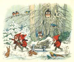 an image of gnomes in the snow with animals and birds around them by a tree