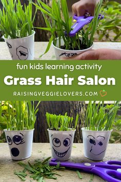 kids learning how to make grass hair salons with the help of scissors and plants