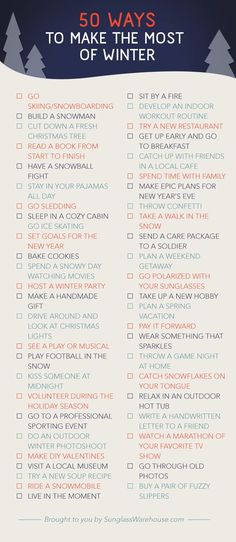 a list with the words 50 ways to make the most of winter written on it