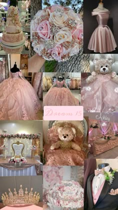 a collage of pink and gold wedding gowns, teddy bears, dresses, and tiaras