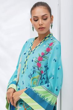 Sea Blue And Navy Blue Crepe Printed Kurta And Matching Printed Panwar – Sania Maskatiya International Unstitched Blue Floral Print Kurta, Blue Floral Print Unstitched Kurta, Blue Bohemian Unstitched Dress, Spring Blue Floral Print Kurta, Blue Kurta With Printed Motifs For Spring, Blue Fitted Floral Print Kurta, Blue Vibrant Print V-neck Top, Patterned Digital Print Long Sleeve Kurta, Blue Bohemian Tops With Abstract Print