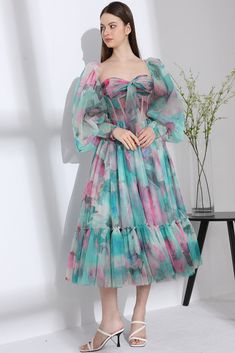 Corset Long Sleeves Watercolor Print Tulle Dress