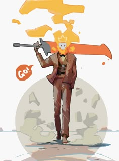 a drawing of a man carrying a large orange object on his shoulders and wearing a suit