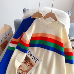 Style: commuting Size: one size Color: off white, blue, green Green Crew Neck Top With Contrast Stripes, Multicolor Long Sleeve Fun Sweater, Primary Color Sweater, Blue And Green Sweater Striped, Vintage Multicolor Color Block Sweater, College Sweater, Loose Pullover Sweater, Striped Knitted Sweater, Loose Pullover